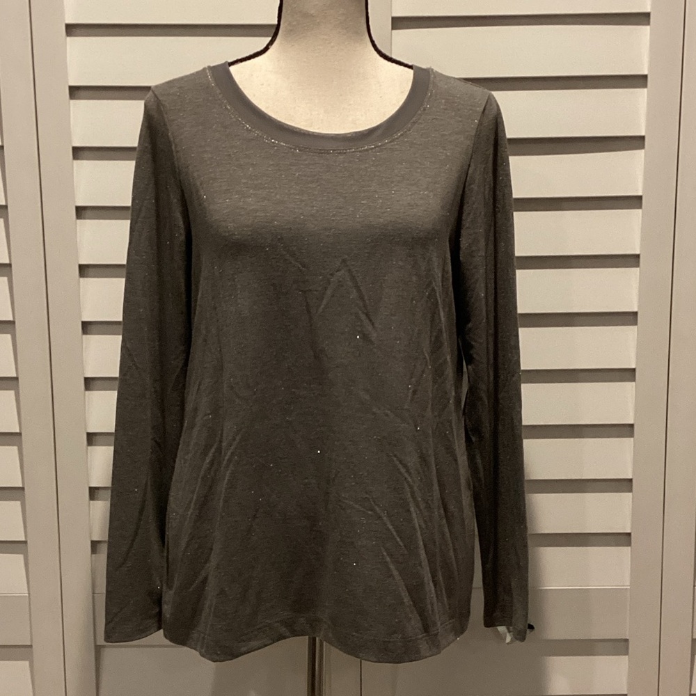 Chico's Lurex Mesh Trim Sparkling Gray Long Sleeve Top.